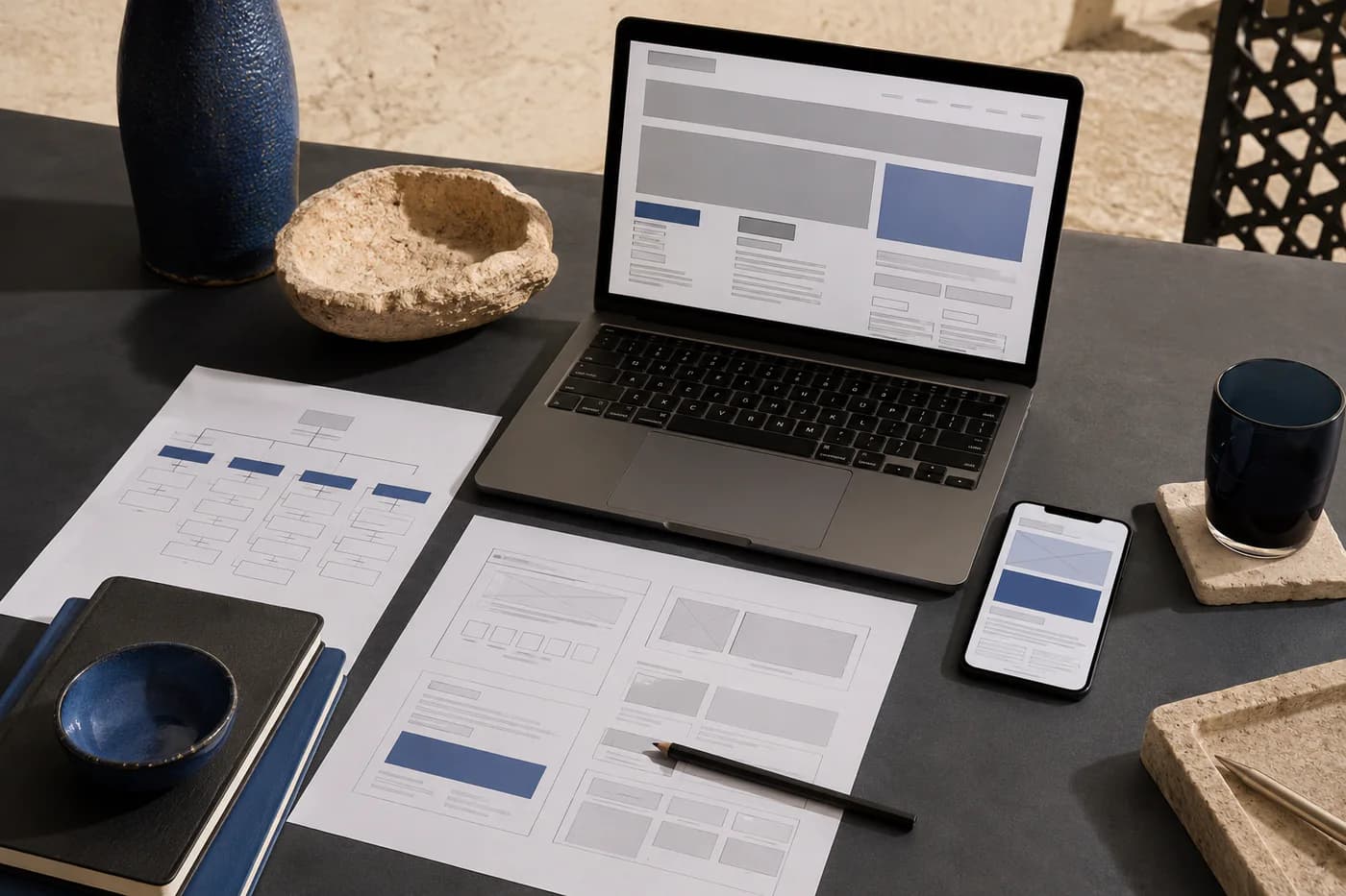 Overhead website planning workspace with laptop wireframes, sitemap pages, smartphone and pencil in warm Gulf daylight.